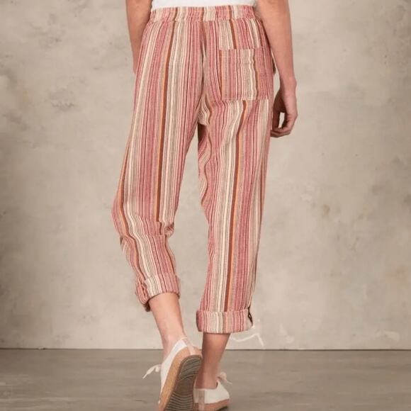 Sundance Pink Tan Stripe Stretch Waist Bakari Beachy Pants with Roll Tab Hem - Picture 1 of 12